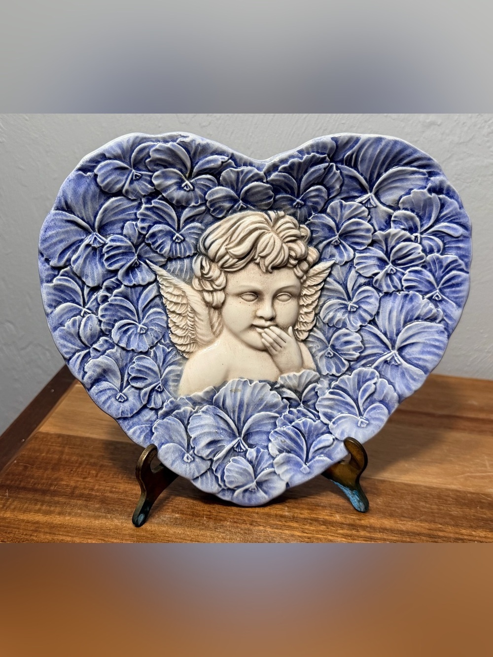 Vintage Italian Made Blue Cherub Relief Wall Art Plaque - Picture 1 of 10